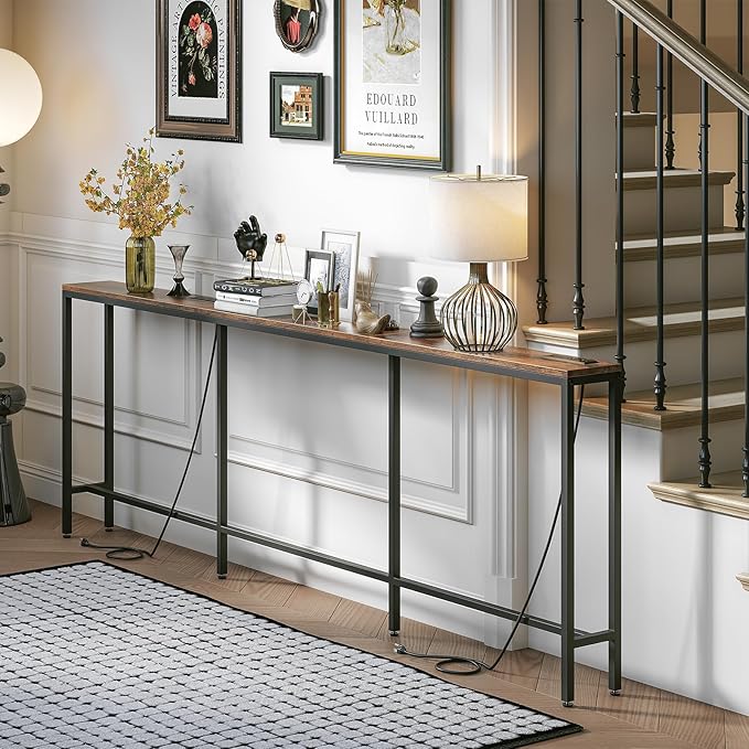 94.5" Behind Couch Table with 2 Fast Charging Stations, 7.1" Narrow Skinny Sofa Table with 4 Power Outlets, 4 USB-A, 2 USB-C for Console Entryway, Rustic Brown