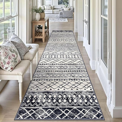 KUTA Moroccan Washable Runner Rug, 2.6x10 Non-Slip Vintage Black Navy Blue Boho Hallway Kitchen Rugs Ultra Soft Geometric Floor Carpet Runners for Bedroom Laundry Living Room