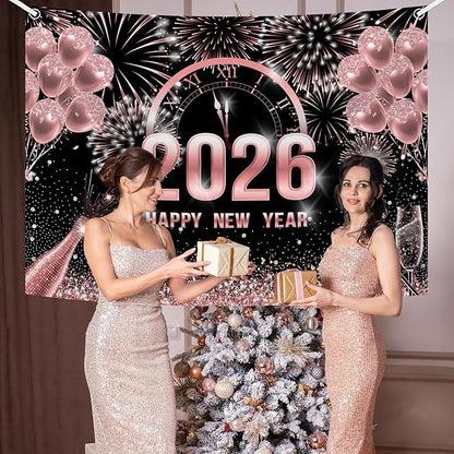 MEHOFOND 7x5ft Rose Gold 2026 Happy New Year Backdrop Cheers to 2026 New Year Eve Glitter Photography Background Hello 2026 Party Champagne Balloon Fireworks Decor Banner Cake Smash Photo Props