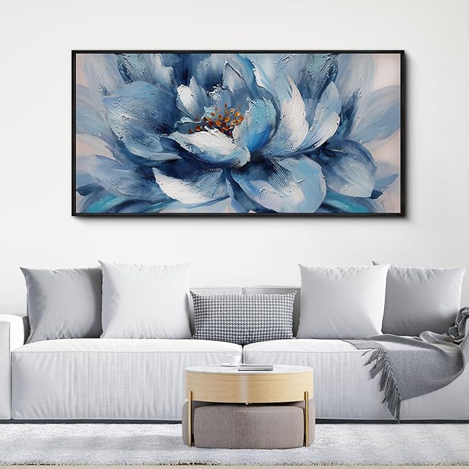 XLSJERST Large Flower Canvas Wall Art for Living Room - Blue and White Flower Picture Print Painting Wall Decor Framed Artwork Ready to Hang for Home Bedroom Wall Decoration Size 24x48