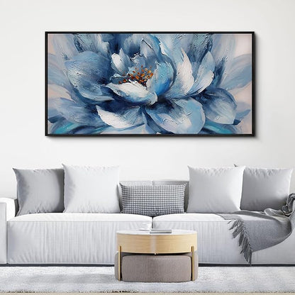 XLSJERST Large Flower Canvas Wall Art for Living Room - Blue and White Flower Picture Print Painting Wall Decor Framed Artwork Ready to Hang for Home Bedroom Wall Decoration Size 24x48