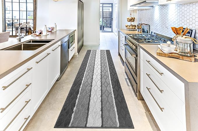 Custom Size Hallway Runner Rug, Slip Resistant, 26 Inch Wide x Your Choice of Length Size, Damask Anthracite, 26 Inch X 15 Feet, Sold and Priced Per Foot