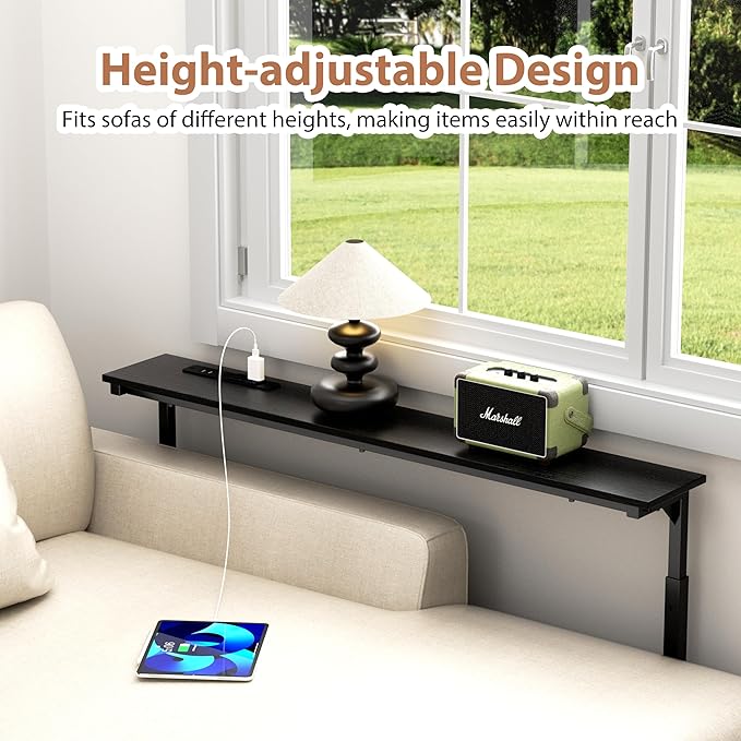 GRLEAF 45" Adjustable Height Narrow Console Table with Power Outlets, Long Sofa Table with Charging Station Behind Couch Table Skinny Entryway Table for Living Room, Hallway and Office – Black