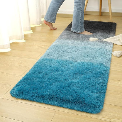 DweIke Luxury Shaggy Runner Rugs for Bedroom, 2x6 Feet Fluffy Runners Carpet for Girls Boys Kids, Non-Slip Extra Comfy Plush Bed Beside Rug for Living Room Nursery Home Decor, Black and Blue
