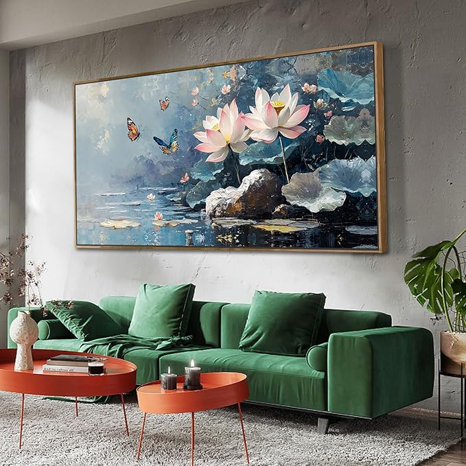 Ardemy Lotus Floral Canvas Wall Art Lrage Framed Pictures Wall Decor Living Room Flower Paintings Artwork for Walls Bedroom Kitchen Dining Room Home Office, 48"x24"
