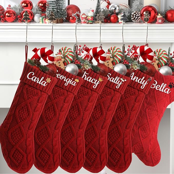 Personalized Christmas Stockings,Custom Embroidered Name+Logo Xmas Knitted Stockings 18'',Holiday and Family Stocking for Fireplace Christmas Holiday Party Decoration 1-6Pack（Red）