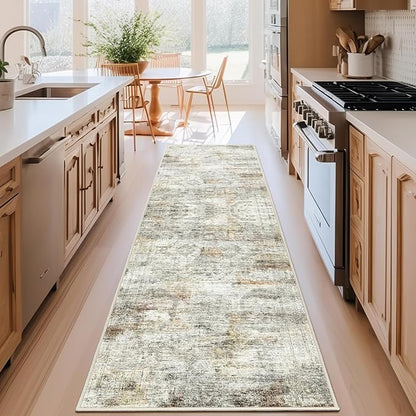 Kitchen Runner Rug Non Slip - 2.5 x 8 Runners for Hallways, Entryway, Bedroom, Washable Runner Rugs for Bathroom, Laundry Room, Low Pile Soft Vintage Area Rug(2.5'x8', Grey/Rust)