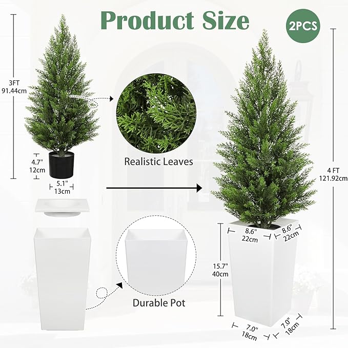 Briful Artificial Cedar Topiary Trees 4ft, Set of 2 Faux Potted Christmas Porch Trees Cypress Sbrubs, UV-Resistant Front Door Greenery in Tall White Planter for Indoor Outdoor Holiday Décor