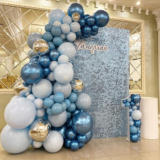 60 Pcs Baby Blue and Silver Balloons, 12 Inch Light Blue Dusty Pale Blue White Latex Balloons with Chrome Metallic Silver Party Balloons for Boys Baby Shower Baptism Winter Birthday Party Decorations