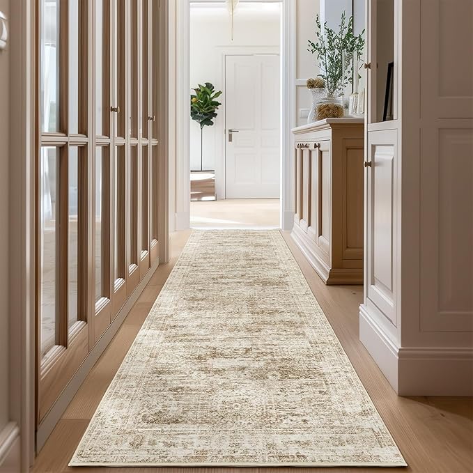 Long Bathroom Rugs Runner - Washable Runner Rugs for Hallway 2x10, Ultra-Thin Soft Kitchen Carpet Runner, Anti Slip Backing Runner Rugs for Entrance, Bedroom, Living Room(2'x10', Brown/Ivory)