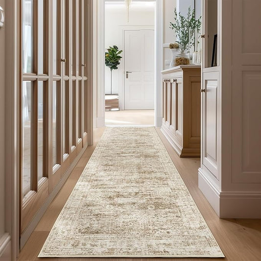 Long Bathroom Rugs Runner - Washable Runner Rugs for Hallway 2x10, Ultra-Thin Soft Kitchen Carpet Runner, Anti Slip Backing Runner Rugs for Entrance, Bedroom, Living Room(2'x10', Brown/Ivory)