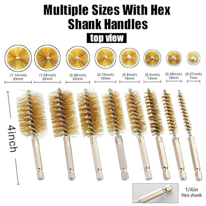 MAXMAN Bore Brush Set, 8pcs Brass Wire Brush for Drill, Durable Metal Bristles Twisted, 8 Size Set Multiple Diameter Options, 1/4 Inch Hex Shank, for Power Drill Impact Driver & Tube Cleaning