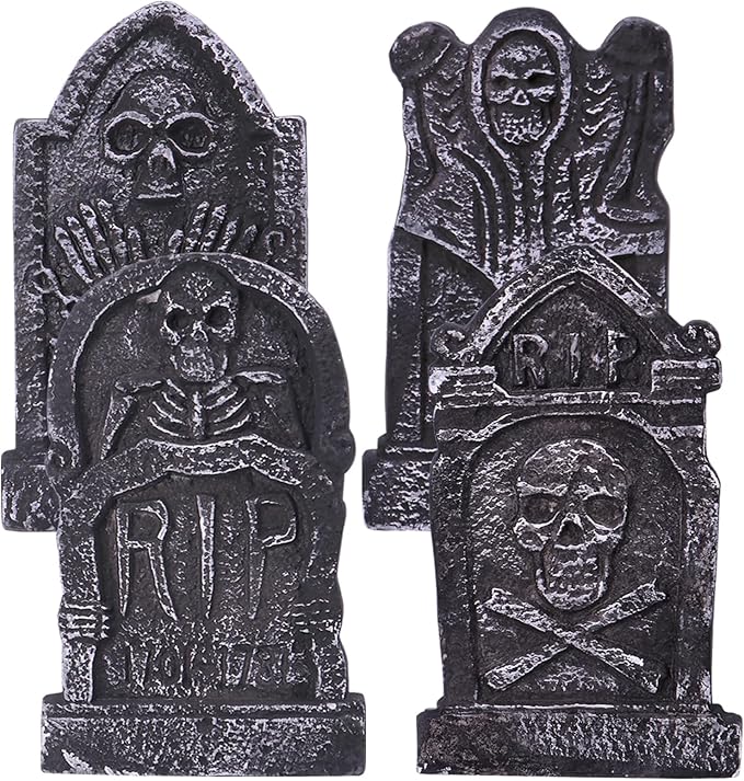 Sizonjoy Halloween Decorations, Foam RIP Graveyard Tombstones, 4 Pack Graveyard Headstone Decorations with 8 Bonus Stakes for Lawn Outside Decor (17In)