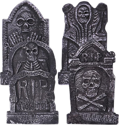 Sizonjoy Halloween Decorations, Foam RIP Graveyard Tombstones, 4 Pack Graveyard Headstone Decorations with 8 Bonus Stakes for Lawn Outside Decor (17In)