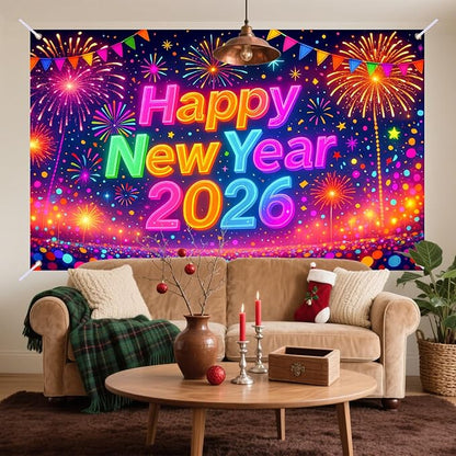 Nuxovilar Happy New Year 2026 Banner, Colorful Backdrop for Party Decorations, 71x43 Inch