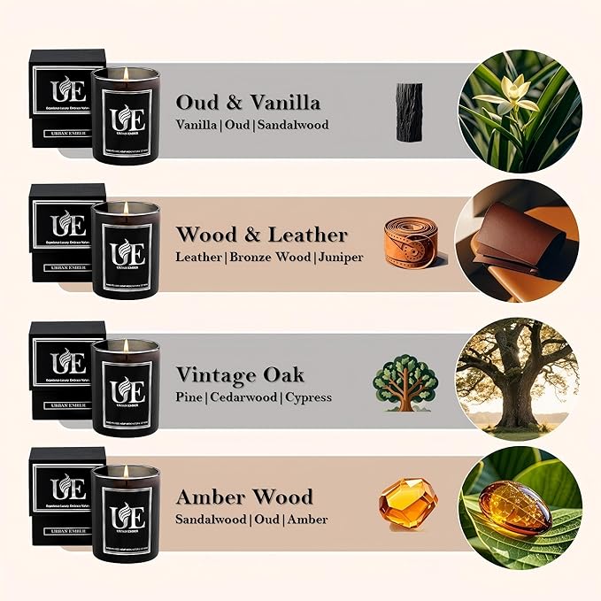 4 Pack Scented Candles Set | Black Scented Candle Set of Amber Wood, Oud Vanilla, Wood Leather, Vintage Oak | 220 Hour Long Lasting Soy Wax Candles for Home | Gifts for Men, 32 oz