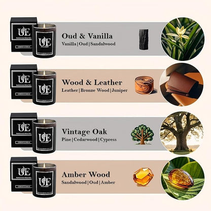 4 Pack Scented Candles Set | Black Scented Candle Set of Amber Wood, Oud Vanilla, Wood Leather, Vintage Oak | 220 Hour Long Lasting Soy Wax Candles for Home | Gifts for Men, 32 oz