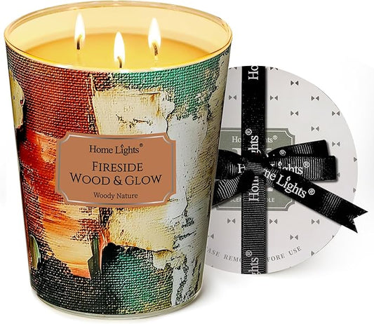 HomeLights Scented Candles | Large Jar 34 Oz Natural Soy Candle | 130 hrs Long-Lasting with 3 Wicks | Industrial Chic Home Decor | Gifts for Mom & Women, Fireside Wood & Glow