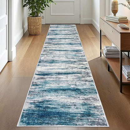 KOZYFLY Modern Abstract Kitchen Runner Rug, 2x10 Washable Rug Runner Non-Slip Soft Striped Hallway Runner Rugs, Light Blue Print Carpet Runner for Entryway Bathroom Laundry Room Foyer