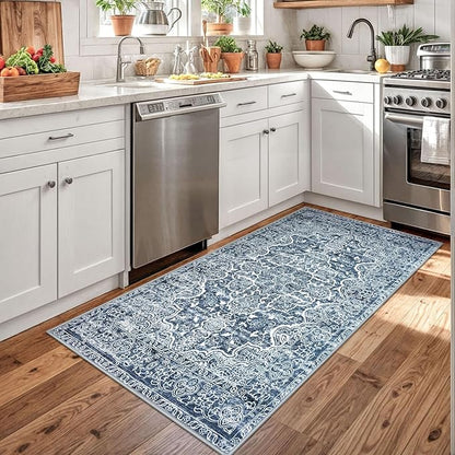 KUTA 3x5 Entryway Rug Non-Slip Washable Area Rugs, Vintage Floral Kitchen Rugs Blue White, Ultra Soft Printed Medallion Tribal Entry Low-Pile Carpet for Entrance Bedroom Nursery Dorm Décor