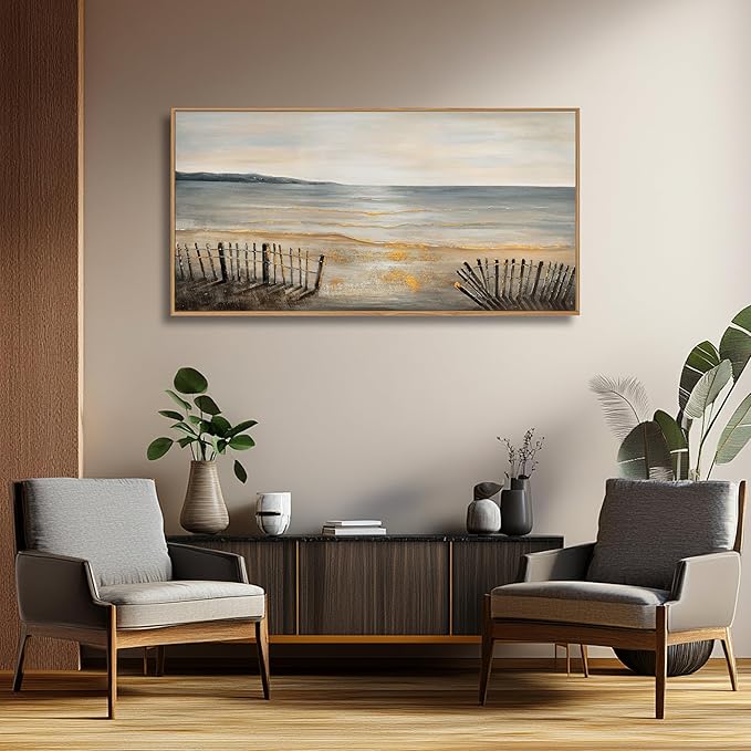 Yuaxker Large Ocean Wall Art Grey and Gold Wall Decor Framed Wall Hanging Wave Aesthetic Artwork for Living Room Bedroom Dining Room Office Home Decor 30x60 Inch