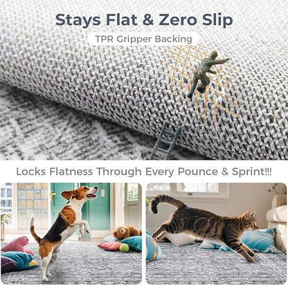 OPPODREAM Thin Vintage Grey 2x10 Runner Rug, 2 x 10 Retro Washable Rug Non Slip, Low-Pile Faux Wool Carpet, Distressed Gray Floor Mat for Kitchen, Hallway, Entry-Way, Entrance, Indoor Back Door