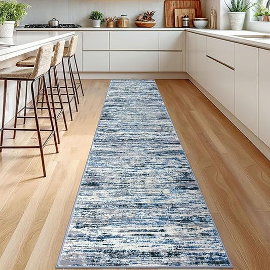 Modern Abstract Runner Rug 2.6x12, Grey Blue White Washable Long Kitchen Runner Non-Slip Soft Hallway Rug Runner Thin Print Faux Wool Carpet for Entryway Bedroom Laundry Room Indoor Home Decor
