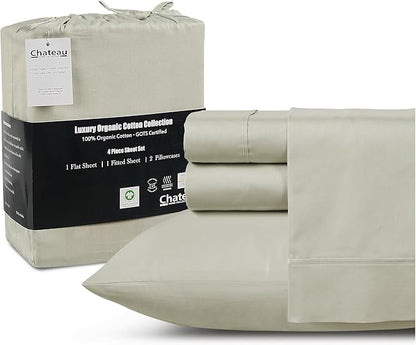 CHATEAU HOME COLLECTION 100% Organic Cotton Sheets Twin Size, Soft & Comfy Breathable 300 Thread Count Deep Pocket Sheets for All Seasons, Machine Washable No Pill Thick Cotton Bed Sheet – Sage