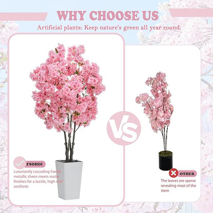 Artificial Cherry Blossom Tree, 5FT Fake Plants Indoor, Faux Pink Sakura Flowers Blooming Tree in Pot, Artificial Trees Silk Plant for House Bedroom Living Room Office Entryway Porch Decor