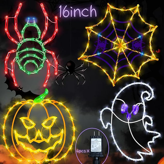 16" Halloween Window Silhouette Lights Decorations - 4 Pack Colour Lighted Spider Web ＆ Pumpkin ＆ Ghost ＆ Spider for Holiday Indoor and Outdoor Wall Door Window Decorate