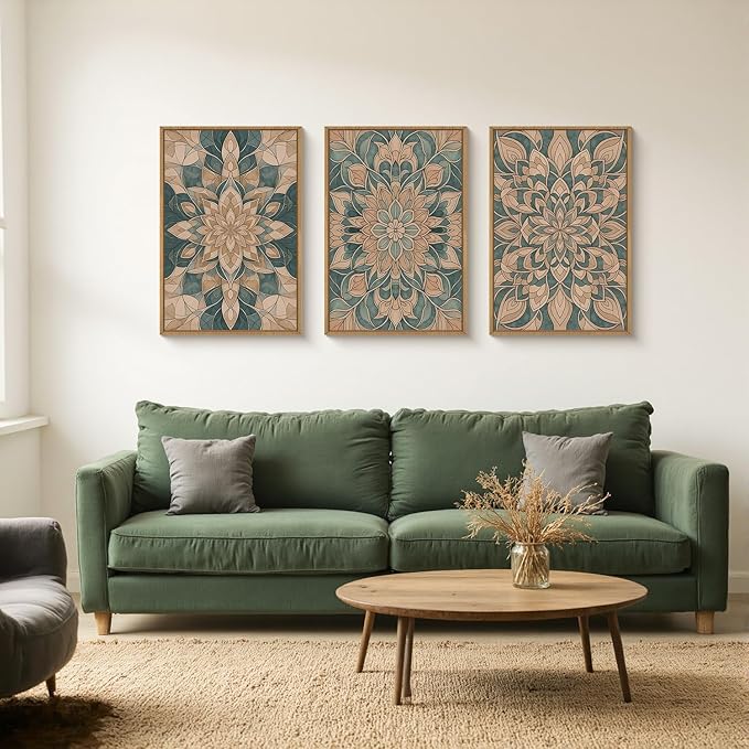 HLNIUC Large Mandala Flower Wall Art Set of 3, Green Scandinavian Botanical Framed Wall Decor(24x36),Norwegian Folk Art Canvas, Bohemian Mexican Vintage Plant Print for Living Room, Bedroom, Office