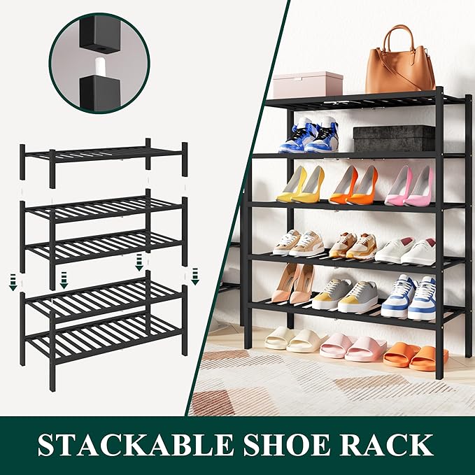 Smiry Shoe Rack, 6 Tier Thick Bamboo Shoe Organizer, Stackable Free Standing Wooden Shoe Storage Shelf for Closet, Entryway, Front Door Entrance, Black