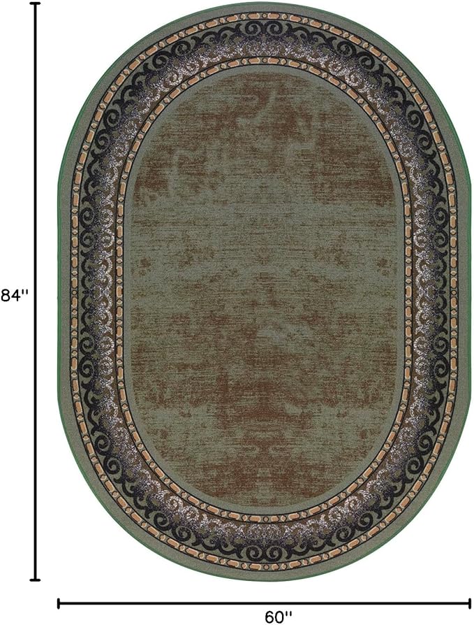 Antep Rugs Alfombras Bordered Modern 5x7 Non-Slip (Non-Skid) Low Pile Rubber Backing Indoor Area Rug (Green, 5' x 7' Oval)