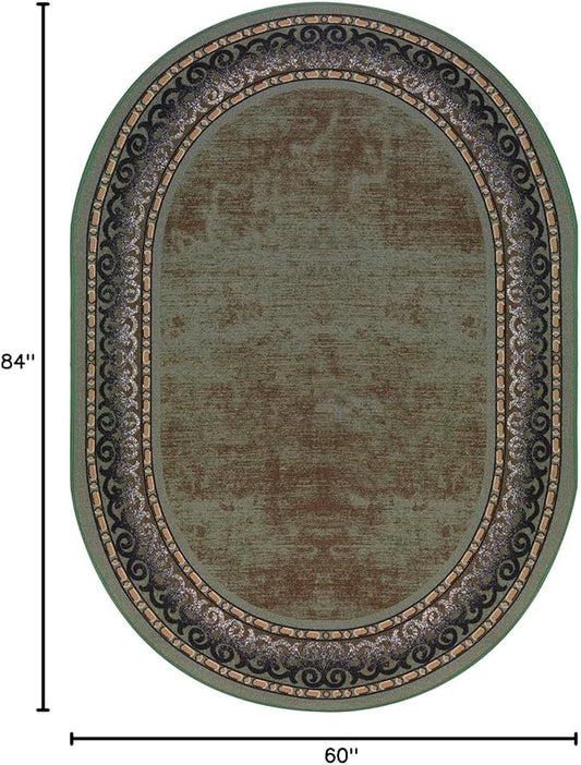 Antep Rugs Alfombras Bordered Modern 5x7 Non-Slip (Non-Skid) Low Pile Rubber Backing Indoor Area Rug (Green, 5' x 7' Oval)