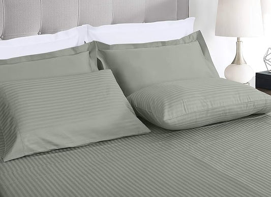 Threadmill 100% Cotton Sheets for King Size Bed - 600 Thread Count King Bed Sheets Set with 16” Deep Pocket - Damask Stripe Sateen Weave 4-Piece Bedding Set with Cooling Effect, Moonrock Grey