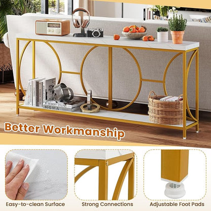 GOFLAME 71” Extra Long Console Table, 2-Tier Faux Marble Entryway Table with Storage Shelf, Geometric Metal Frame, Modern Gold Accent Table, Narrow Sofa Table for Living Room, Hallway