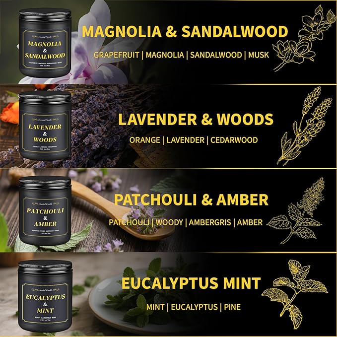 Scented Candles for Men, 4 Pack Mens Candles for Home Scented, 28oz Soy Wax Candles Set - Lavender/Patchouli/Sandalwood/Eucalyptus, Aromatherapy Candles Gift Idea for Dad, Husband, Boyfriend