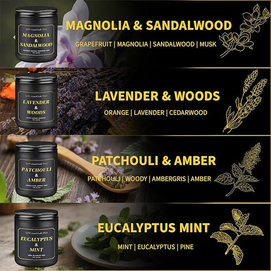 Scented Candles for Men, 4 Pack Mens Candles for Home Scented, 28oz Soy Wax Candles Set - Lavender/Patchouli/Sandalwood/Eucalyptus, Aromatherapy Candles Gift Idea for Dad, Husband, Boyfriend