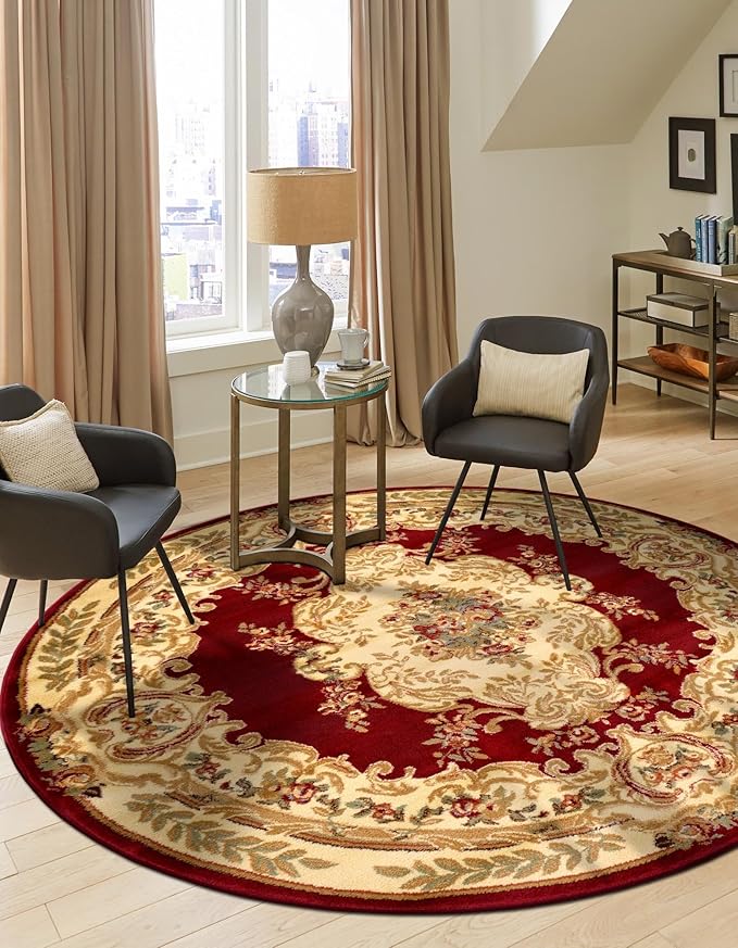 Rugs.com Chateau Collection Rug – 6 Ft Round Red Medium-Pile Rug Perfect for Kitchens, Dining Rooms