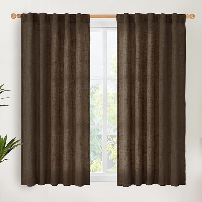 YoungsTex Short Linen Curtains 54 Inch Length 2 Panels, Brown Light Filtering Drapes with Rod Pocket Back Tab for Living Room Bedroom Window, 2 Panels, 42 X 54 Inch
