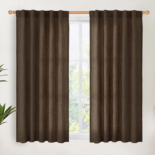 YoungsTex Short Linen Curtains 54 Inch Length 2 Panels, Brown Light Filtering Drapes with Rod Pocket Back Tab for Living Room Bedroom Window, 2 Panels, 42 X 54 Inch