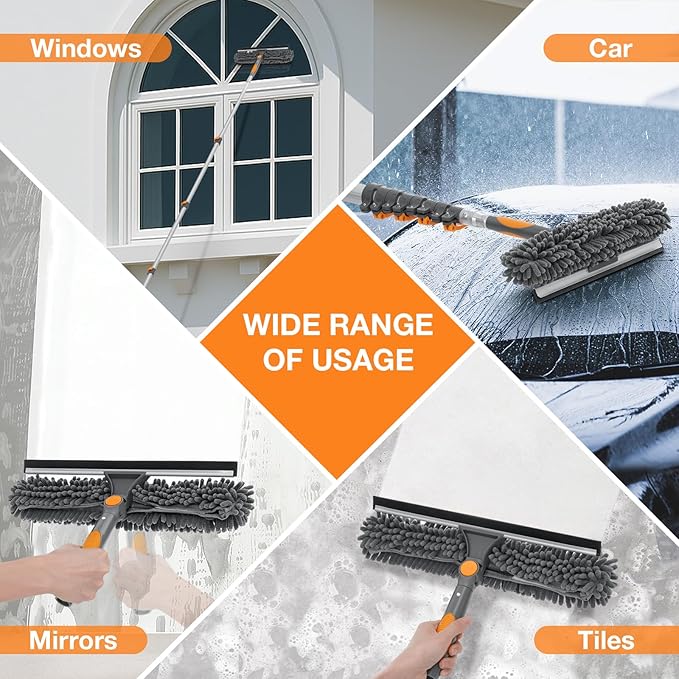 19Ft Window Squeegee with Extension Poles, 2-in-1 Window Cleaning Kit with Telescopic Pole, Extra-Large 14" Window Squeegee, Window Cleaner Tool with Adjustable Head, for High Window, Glass, RV