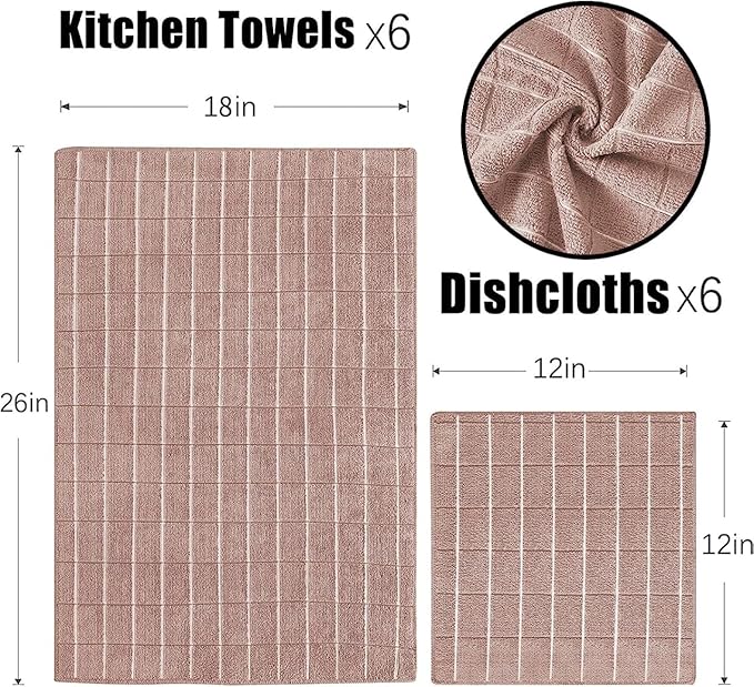 Microfiber Kitchen Towels and Dishcloths Set, 26 X 18 Inch and 12 X 12 Inch, Set of 12 Bulk Lint Free Dish Towels for Drying Dishes, Camel