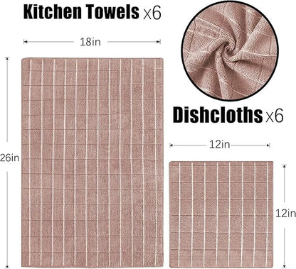 Microfiber Kitchen Towels and Dishcloths Set, 26 X 18 Inch and 12 X 12 Inch, Set of 12 Bulk Lint Free Dish Towels for Drying Dishes, Camel