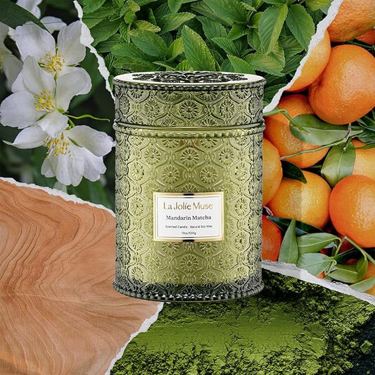 LA JOLIE MUSE Mandarin Matcha Candle - Bergamot, Matcha, Cedarwood | 19 oz Large Wooden Wick Candles | Natural Soy Wax | 90 Hours Clean Burn | Fresh Citrus Candle | Gift-Ready for Hosts