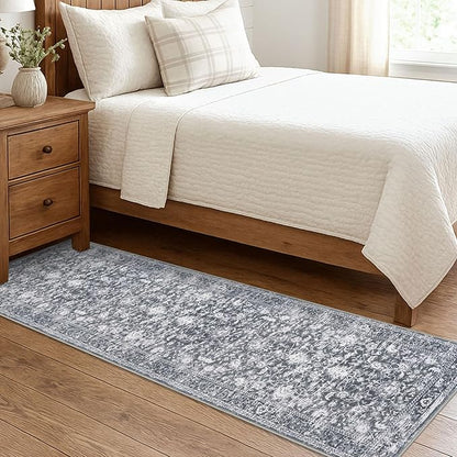 KILOCOCO Hallway Runner 2x7 Rug Runner Printed Vintage Floral Washable Kitchen Runners Non-Slip Rubber Backed Runners for Hallways Laundry Room Distressed Boho Rugs for Entryway Bedroom, Grey