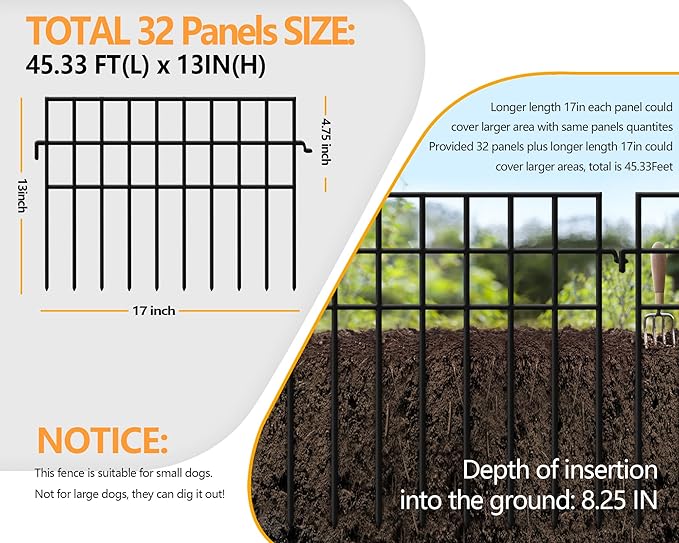 KYATE 32 Panels Animal Barrier Fence No Dig, 45.33ft(L) X 13in(H) Rabbit Fences Ground Defense Border Small Metal Fencing, Dog Under Barriers Blocker for Garden, Flower Bed, Patio