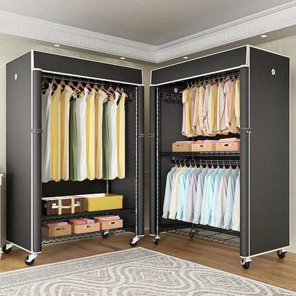 Black Clothing Rack with Black Cover, P1C Plus Rolling Closet with Wheels, Metal Garment Rack for Hanging Clothes, Clothing Storage Wardrobe, 46" W x 18.5" D x 80.7" H, Load 524 Pounds