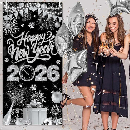 Black Silver Happy New Year 2026 Door Cover, Large 2026 NYE Front Door Banner New Year Eve Party Backdrop Decoration for Indoor Outdoor Festive NYE Hanging Sign