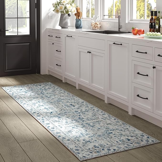 jinchan Kitchen Runner Rug 2x6-2pcs,Vintage Hallway Rug Washable Floral Non Slip with Rubber Backing Soft Carpet Runner for Bedroom Laundry Room Living Room Blue